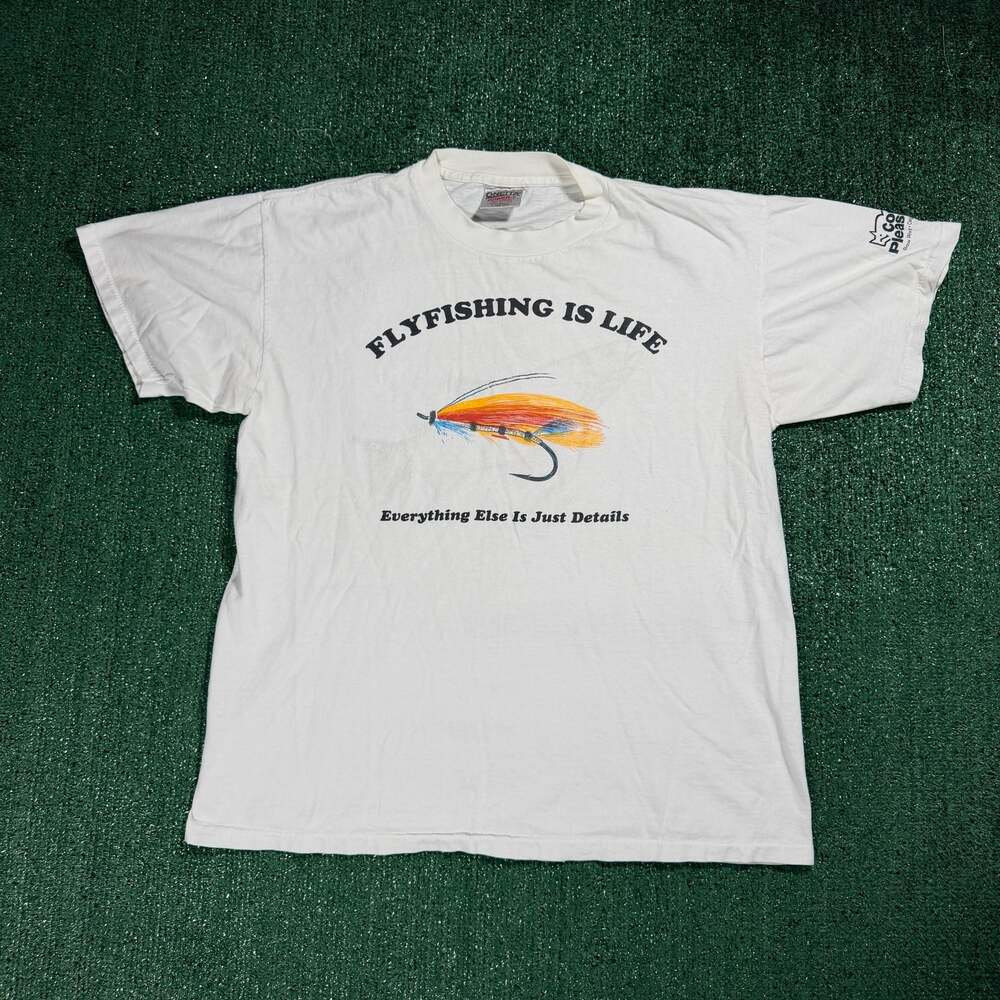Vintage Oneita Power-T Flyfishing Is Life White T-Shirt Large